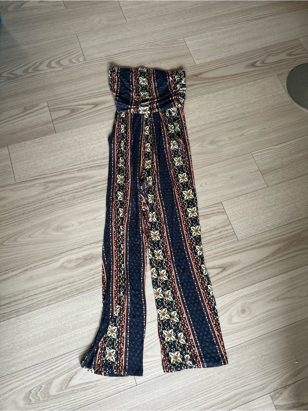 Rue21 Navy Floral Stripe Strapless Wide-Leg Jumpsuit
